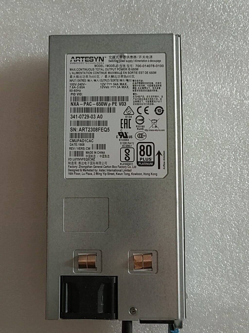Fuente de alimentación Cisco NXA-PAC-650W-PE (341-0729-03) para N9K-C93180YC-EX Nexus 9300