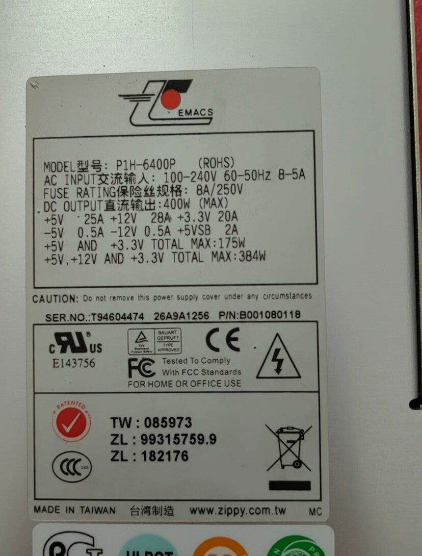 1x Original EMACS P1H-6400P (ROHS) 400W Server 1U Netzteil getestet