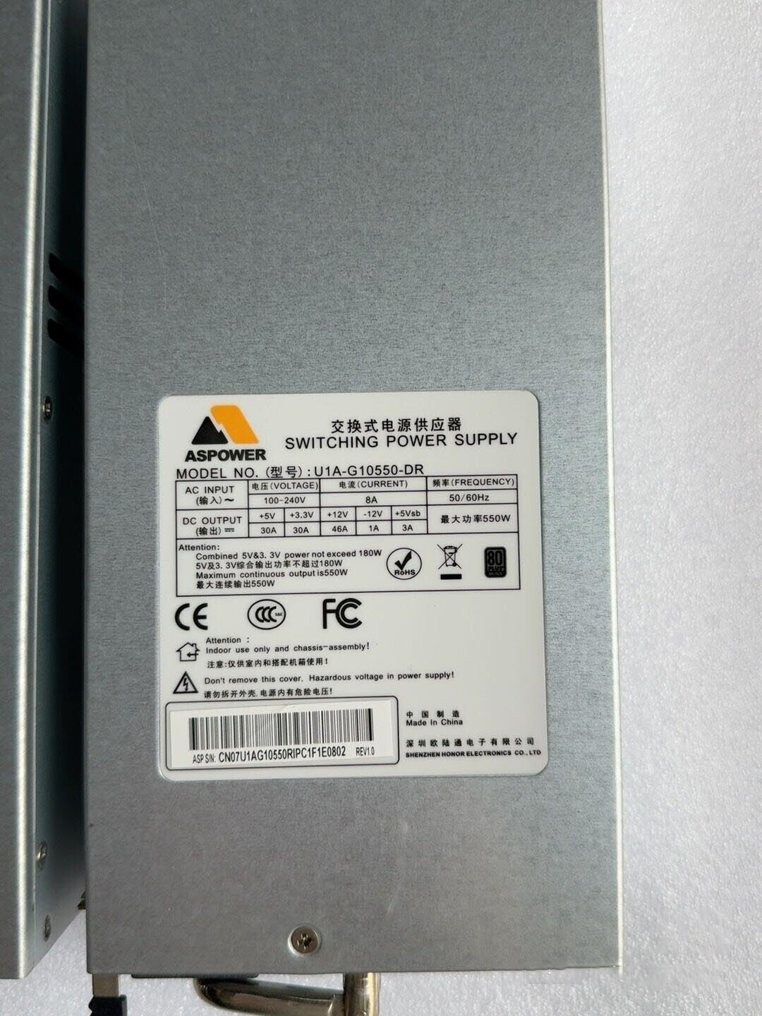Cant. 1 Fuente de alimentación ASPOWER U1A-G10550-DR de 550W original probada