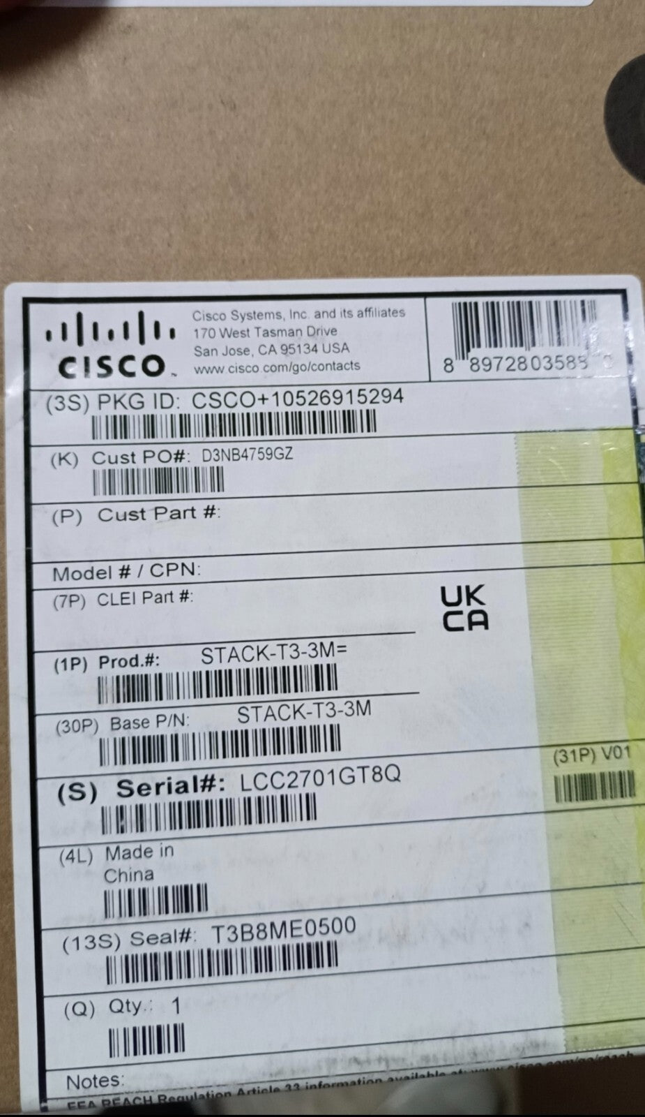 1 pc New Cisco STACK-T3-3M Type 3 Stacking Cable for Cisco 9300L VIA Fedex P1 FS