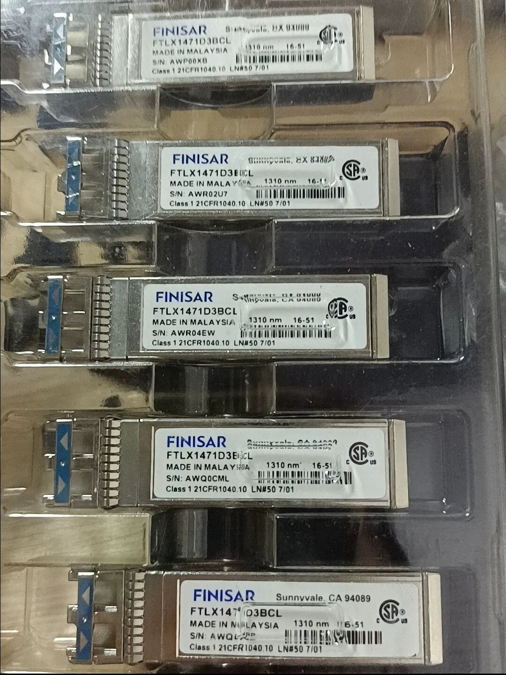Lot of 5 Finisar FTLX1471D3BCL 10GBase LR 10km SFP+ 1310nm SMF Duplex LC Module