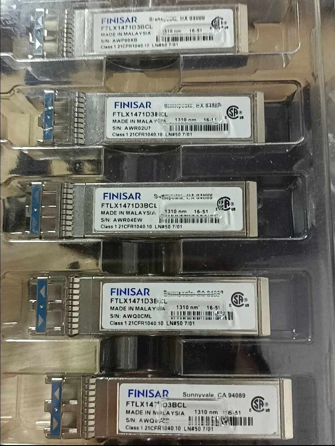 Lot of 5 Finisar FTLX1471D3BCL 10GBase LR 10km SFP+ 1310nm SMF Duplex LC Module