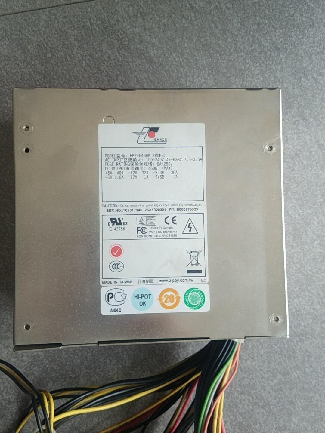Fuente de alimentación Zippy HP2-6460P 460W para estación de trabajo médica en torre original