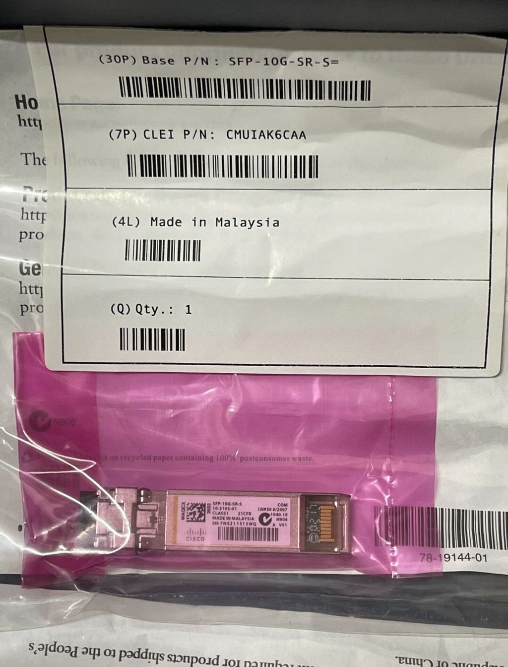 1 Stk. Cisco SFP-10G-SR-S 10GBASE SFP+ Original 10GBASE-SR 850nm MMF Transceiver