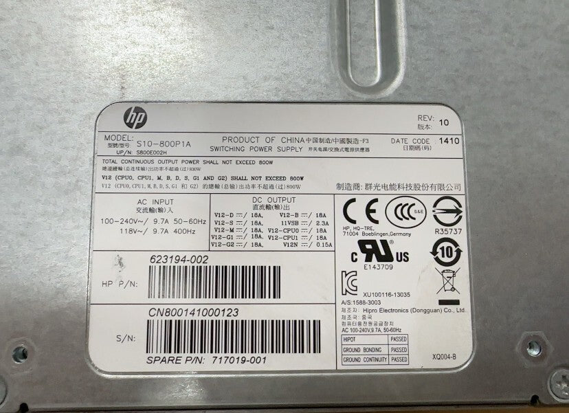Fuente de alimentación HP Z620 S10-800P1A 800w 623194-002 Probada