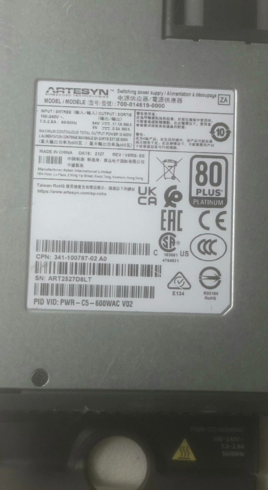 1 unidad fuente de alimentación Cisco PWR-C5-600WAC usada genuina VÍA Fedex P1