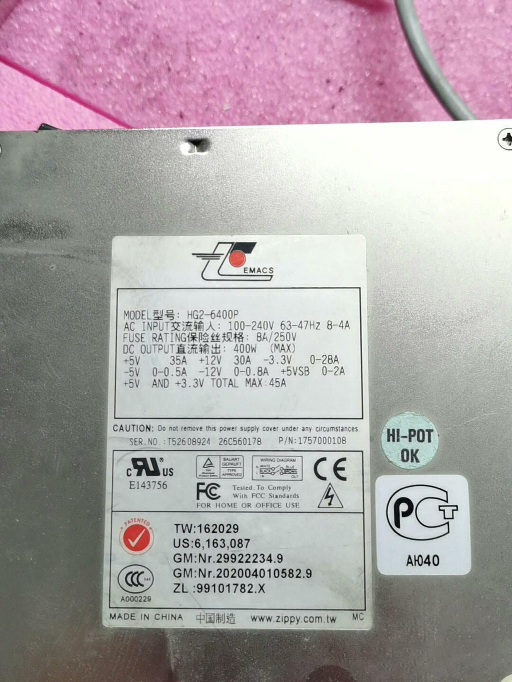 Fuente de alimentación para servidor Zippy Emacs HG2-6400P rohs 400W Probada