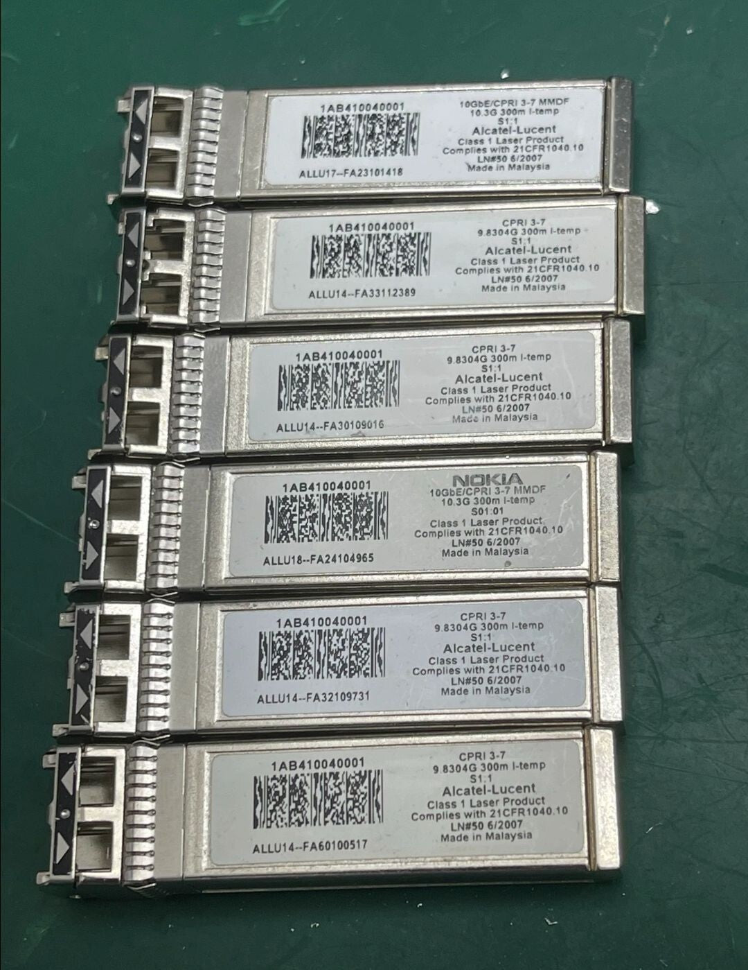 5x Alcatel-Lucent 1AB410040001 9,8304G Nokia 300M 850nm MMF 10GBase-SR SFP+