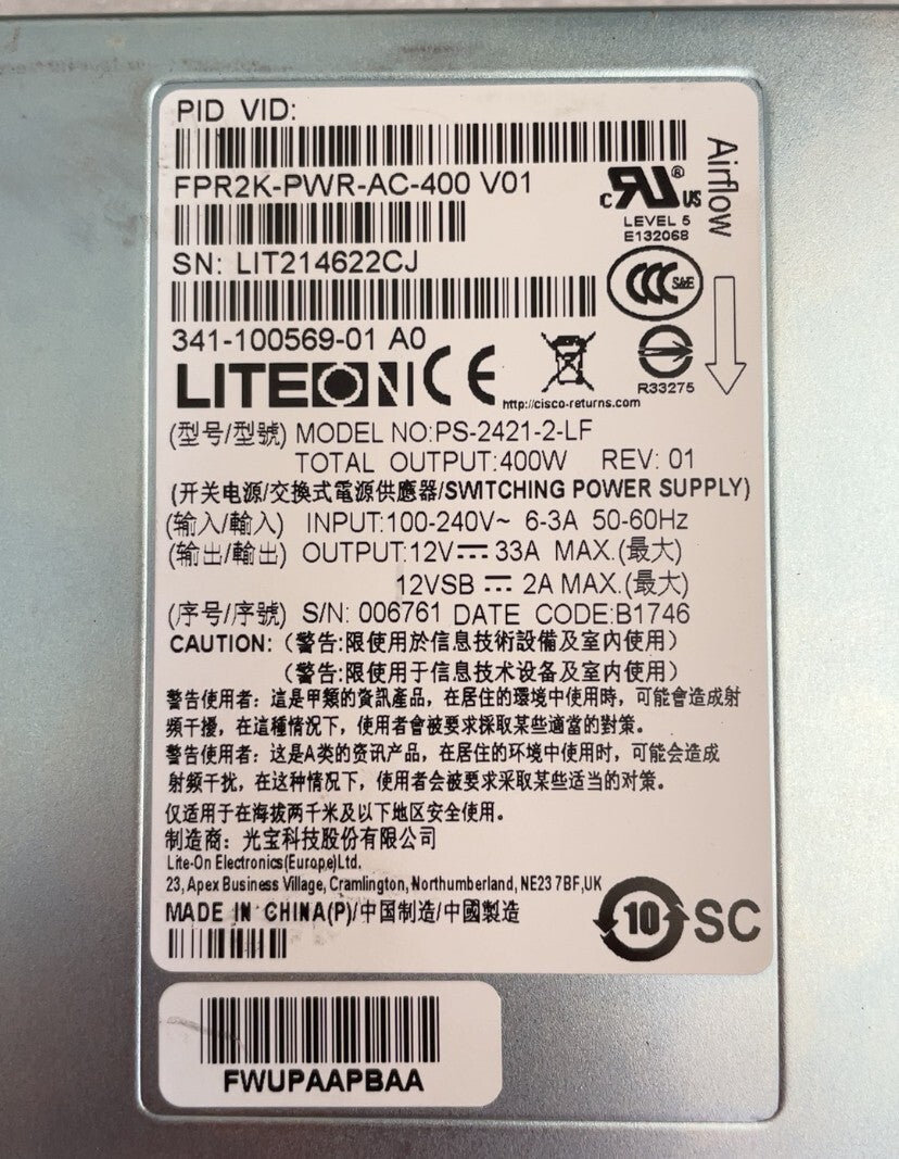 Cisco FPR2K-PWR-AC-400 Fuente de alimentación de CA de 400 W de la serie Firepower 2000