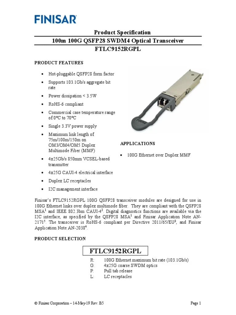 Finisar FTLC9152RGPL 100G 100m SWDM4 QSFP28 LC MMF Transceiver Module 1PCS