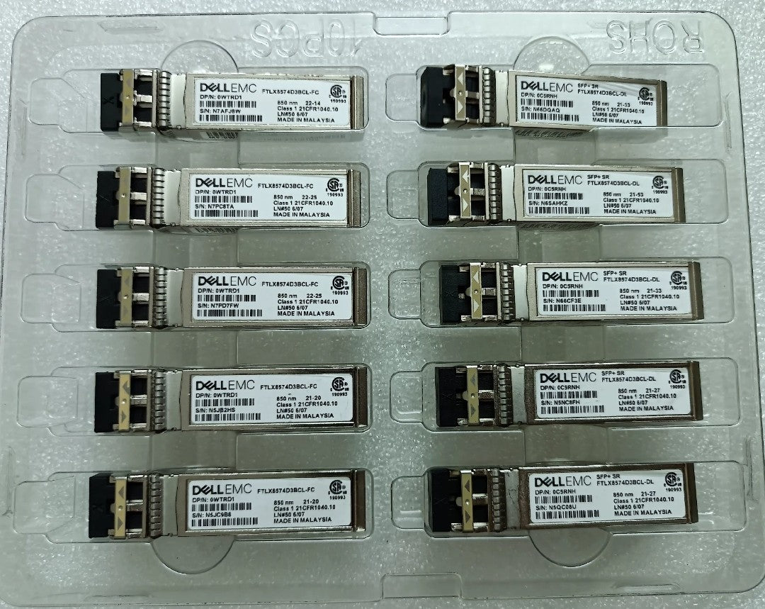 10PCS DELL 0WTRD1 SFP-10G-SR FTLX8574D3BCL-FC 10Gb/s 850nm MM SFP+ Transceiver