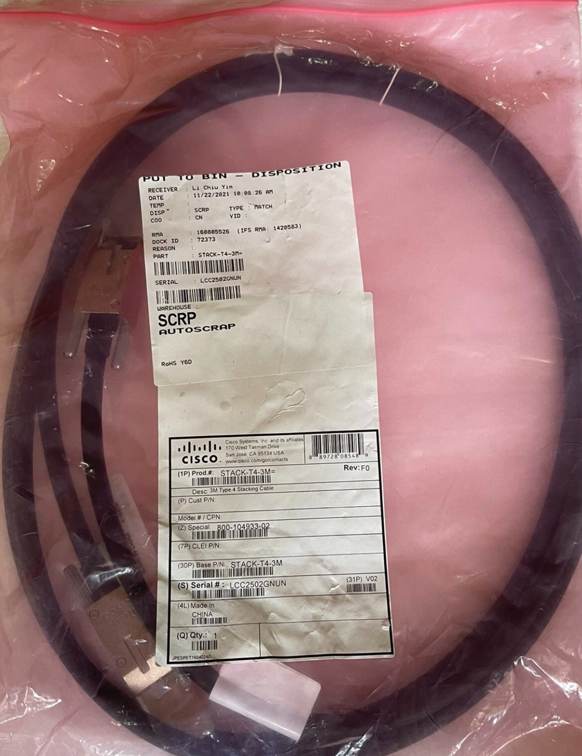 1 pc New Cisco STACK-T4-3M Stacking Cable for catalyst 9200L | Fedex P1