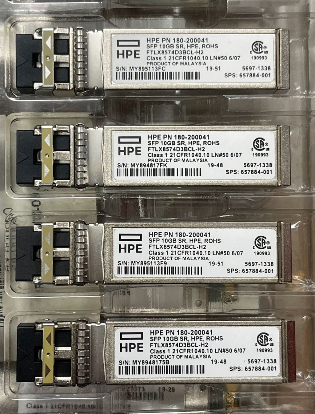 4pcs HPE HP 180-200041 FTLX8571D3BCL-H2 SFP 10GB SR, HP, ROHS Transceiver Module