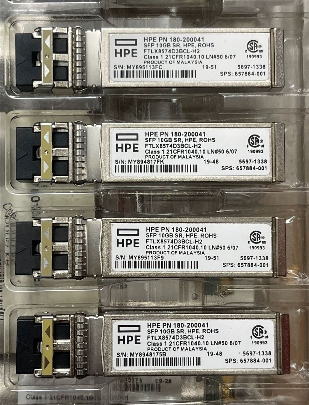 4pcs HPE HP 180-200041 FTLX8571D3BCL-H2 SFP 10GB SR, HP, ROHS Transceiver Module