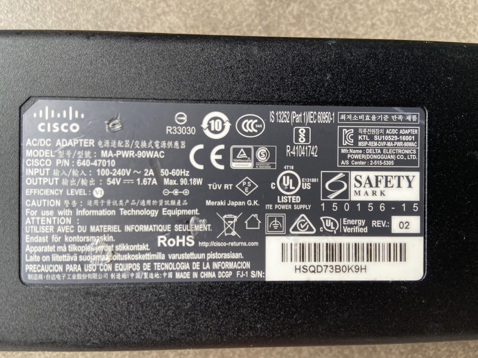 Cisco MA-PWR-90WAC Adaptador de corriente alterna Meraki 640-47010 54V 1.67A Buen estado