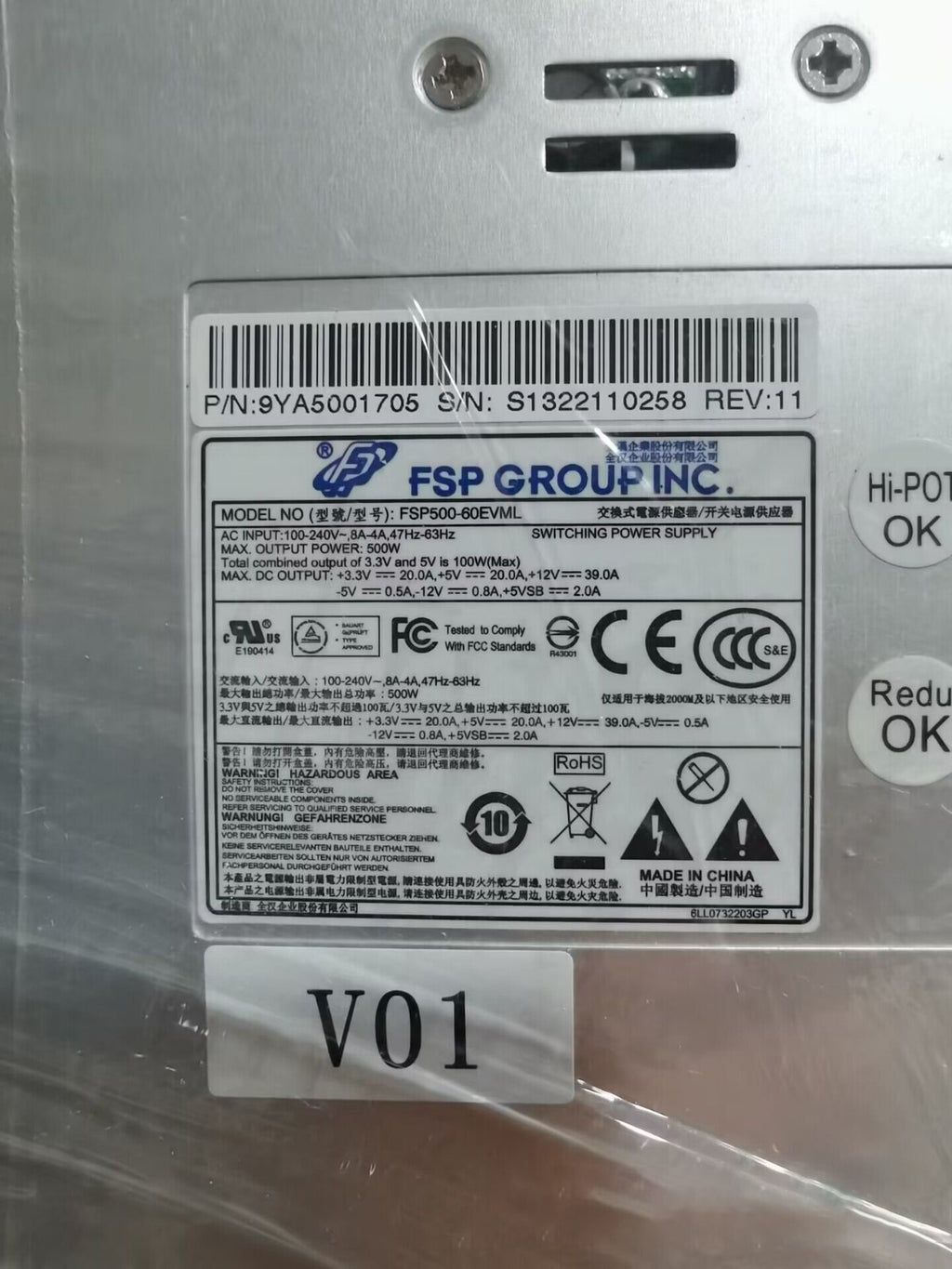 Fuente de alimentación FSP500-60EVML usada, probada, 9YA5001705, 500W