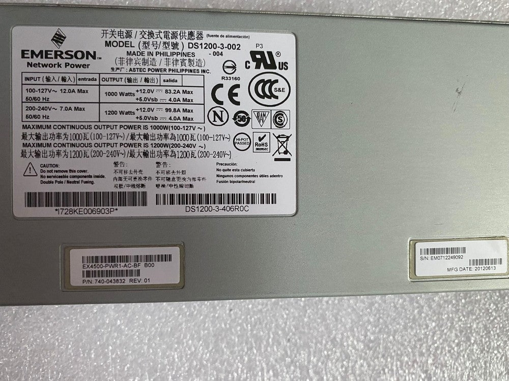 Juniper EX4500-PWR1-AC-BF 1200W Fuente de Alimentación CA de adelante hacia atrás para EX4500