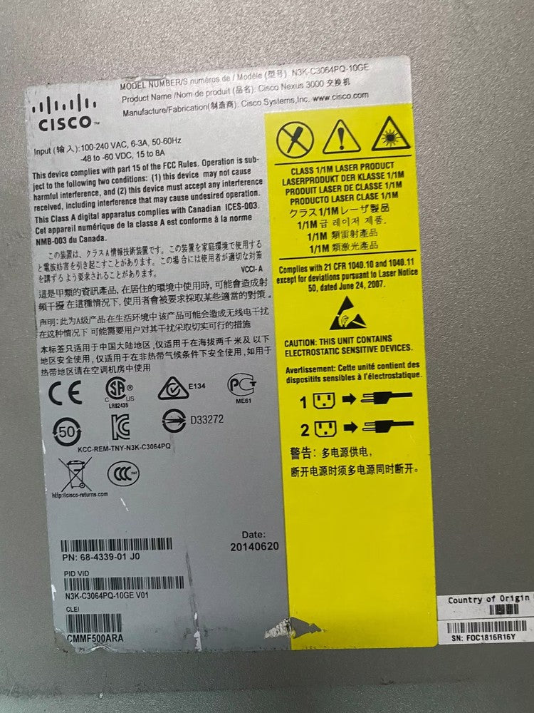 Cisco Nexus N3K-C3064PQ-10GE conmutador Ethernet gestionado de 48 puertos con fuente de alimentación