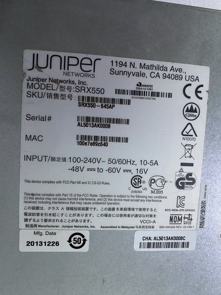 Juniper SRX550-645AP SRX550 Pasarela de servicios Firewall con fuente de alimentación dual