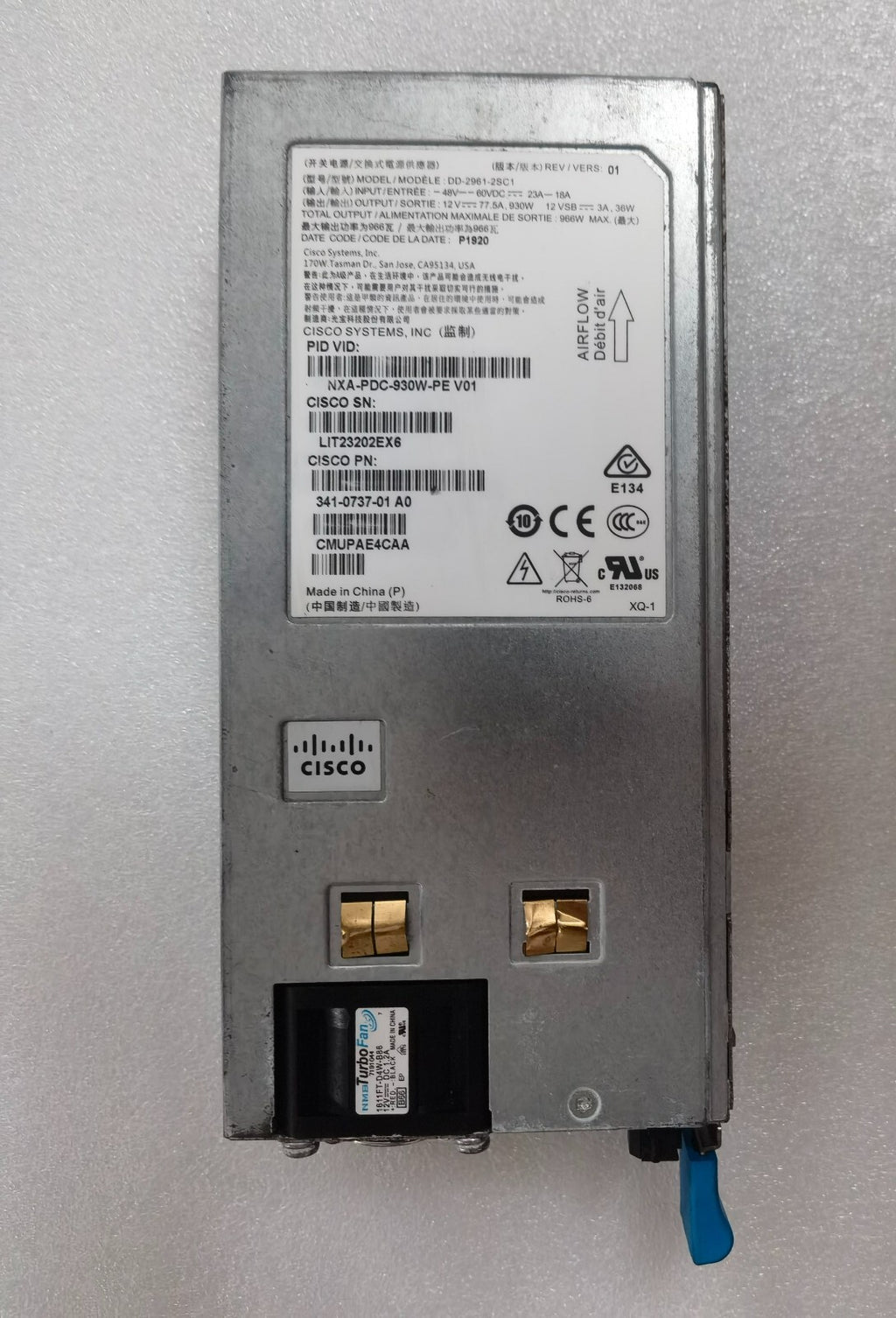 Cisco NXA-PDC-930W-PE Fuente de alimentación de CC para CISCO N3K-C31108PC (341-0737-01) Prueba