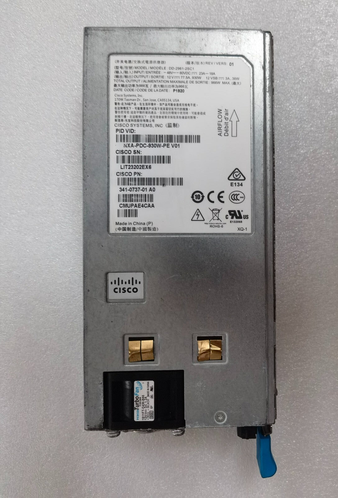 Cisco NXA-PDC-930W-PE Fuente de alimentación de CC para CISCO N3K-C31108PC (341-0737-01) Prueba