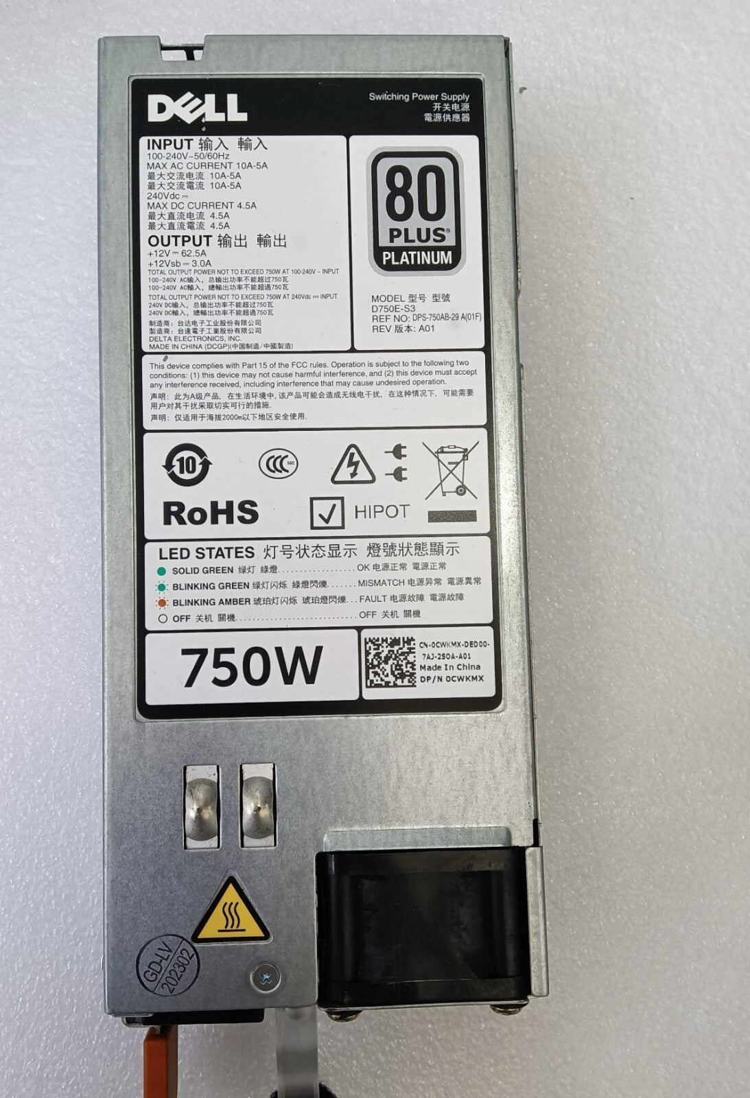 Dell R730 R730xd R630 Fuente de alimentación de CA de 750W D750E-S3 220V 0CWKMX