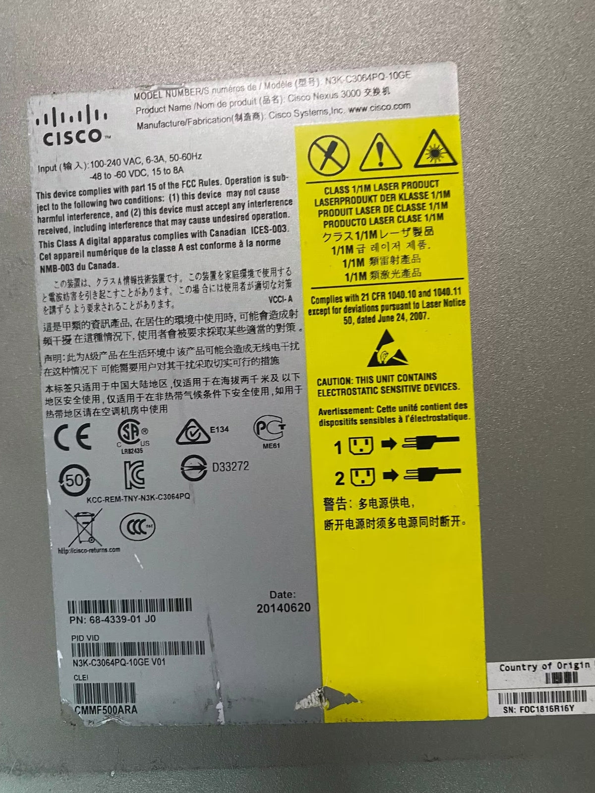 Cisco Nexus N3K-C3064PQ-10GE conmutador Ethernet gestionado de 48 puertos con fuente de alimentación