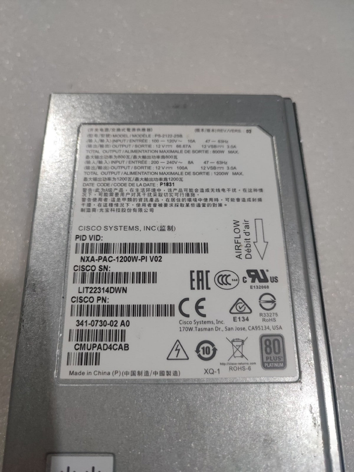 1PC Cisco NXA-PAC-1200W-PI Power Supply 341-0730-02 for N9K-C9364C
