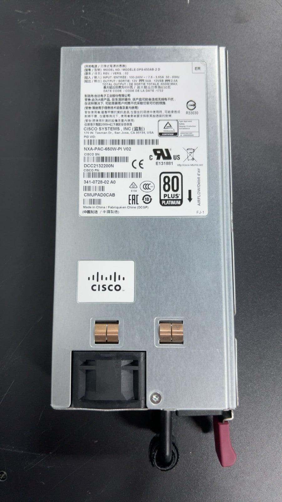 1 ud. Fuente de alimentación de CA Cisco NXA-PAC-650W-PI 650W lateral de puerto 341-0728-02