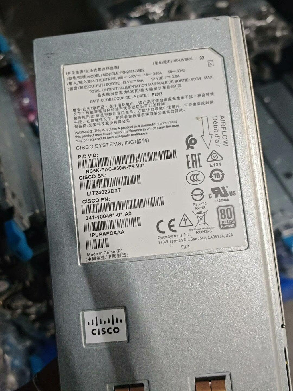 Fuente de alimentación de CA Cisco NC5K-PAC-650W-FR 341-100461-01 para la serie Cisco NCS 5000