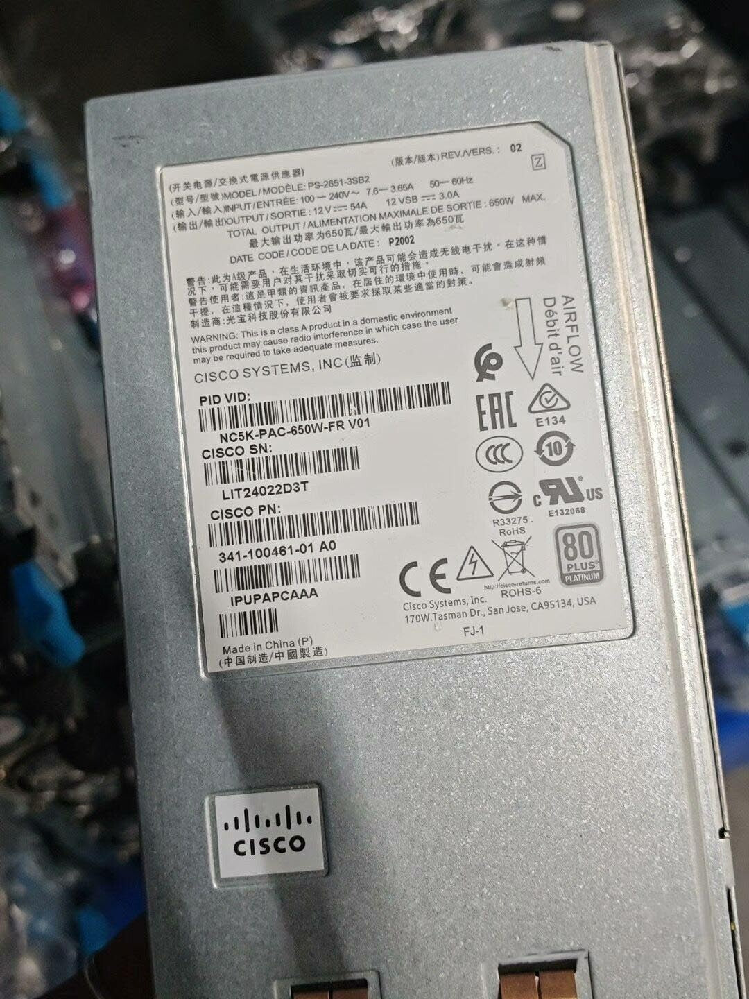 Fuente de alimentación de CA Cisco NC5K-PAC-650W-FR 341-100461-01 para la serie Cisco NCS 5000