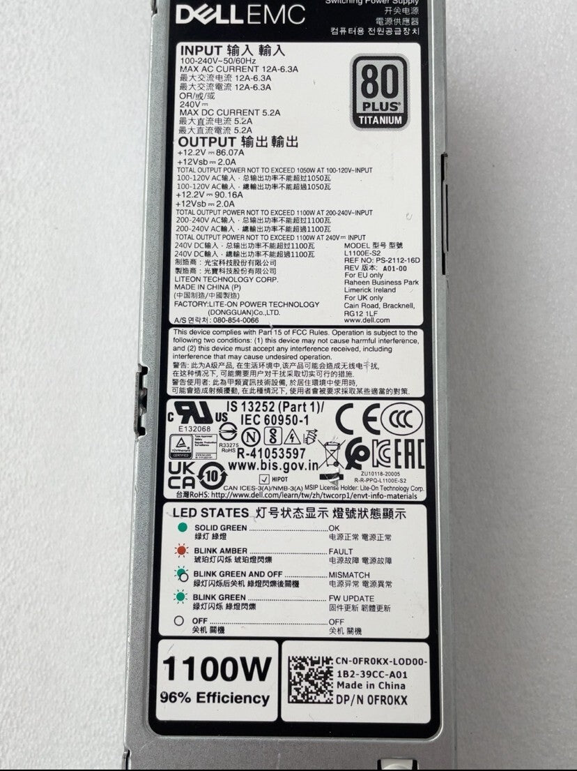 Fuente de alimentación Dell L1100E-S2 PS-2112-16D 0FR0KX de 1100W para R6525, R650, R7525, R750