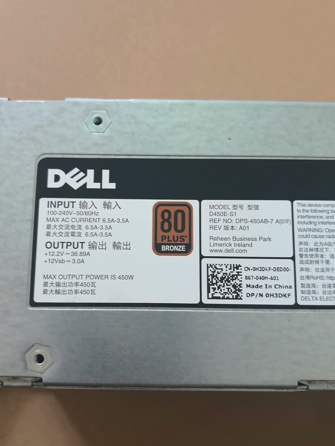 Fuente de alimentación para servidor DELL R430 DPS-450AB-7 450W 0H3DKF D450E-S1