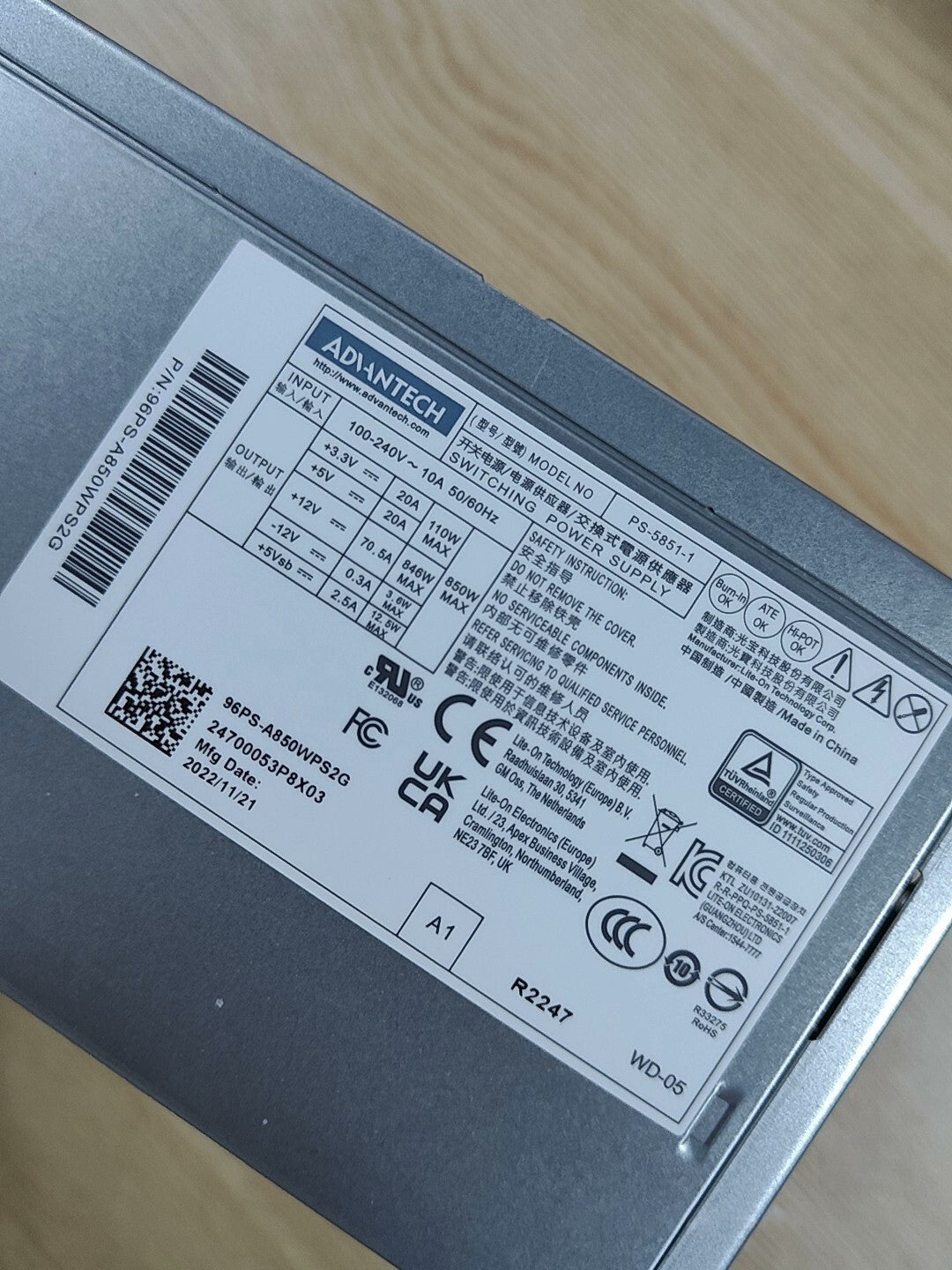 Fuente de alimentación Advantec PS-5851-1 de 850 W 96PS-A850WPS2G, probada, salida multipin.