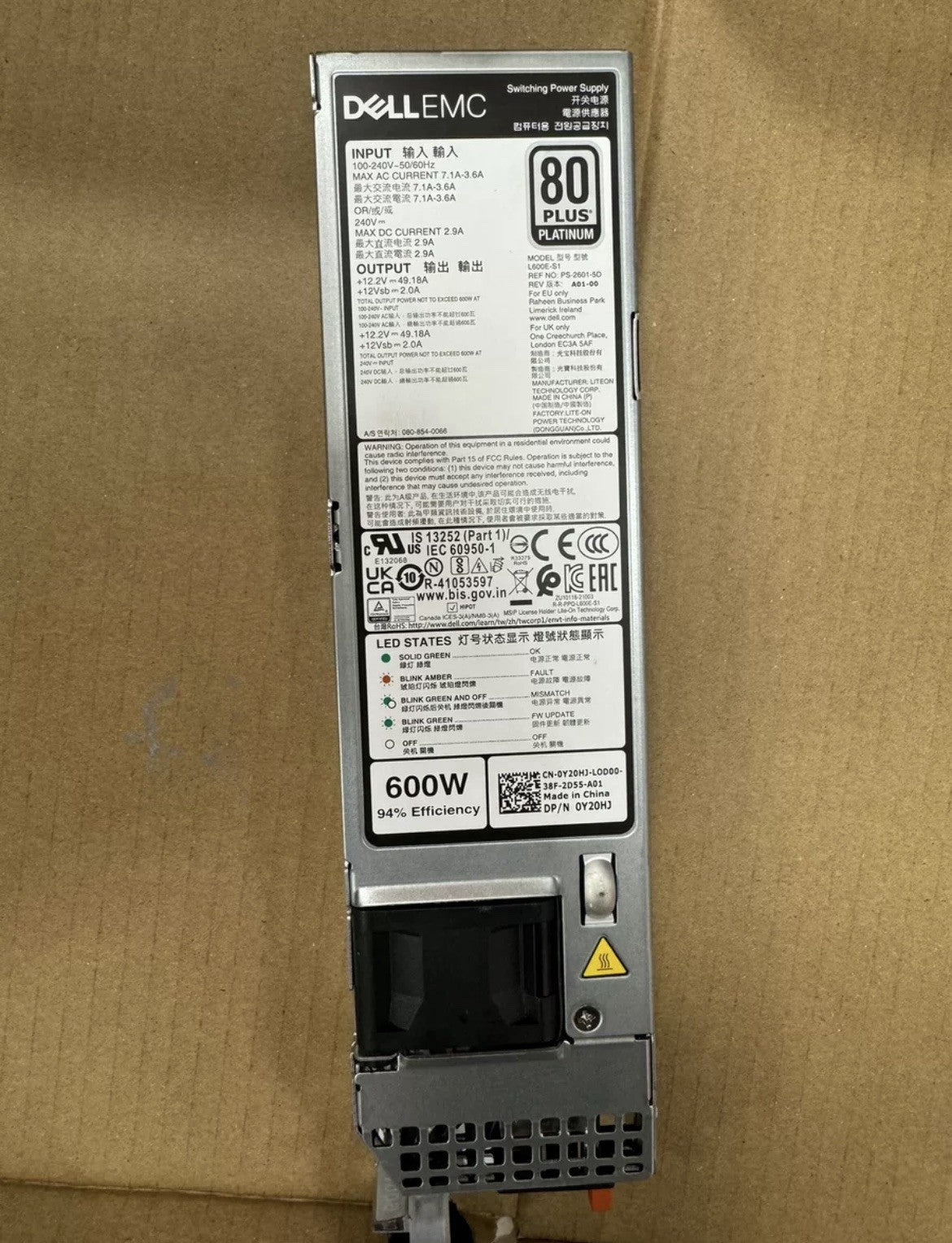 1x Dell D600E-S0/L600E-S1 600W Server Power Supply for R350/450/750 3THTT