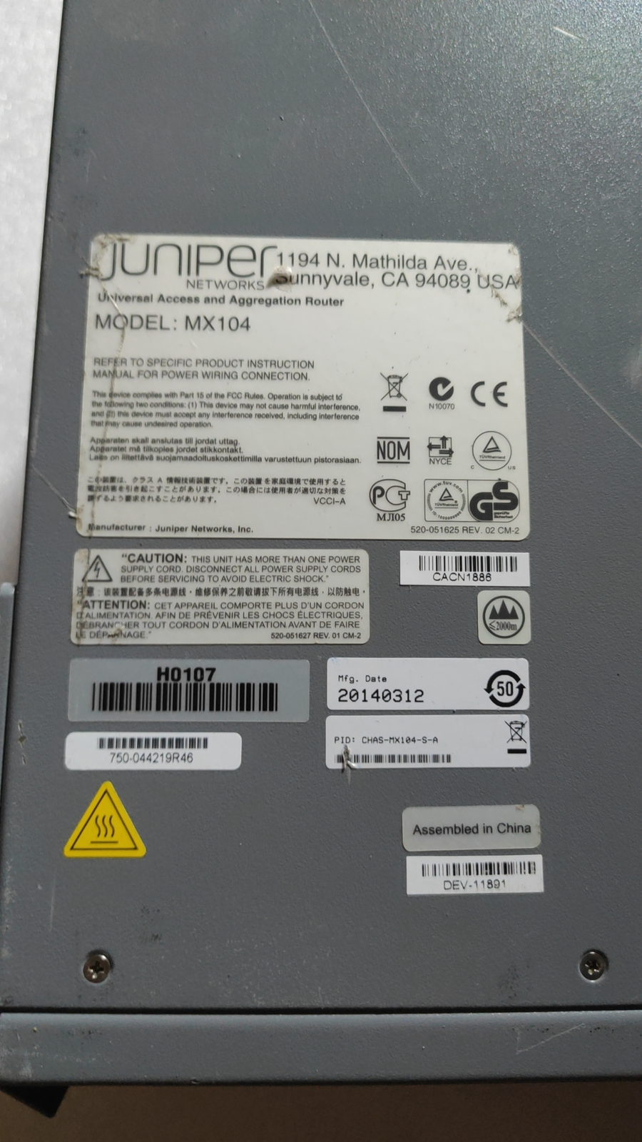 Juniper MX104 Router W/ 2X PWR-MX104-AC POWER丨FAN and MIC-3D-20GE-SFP Card