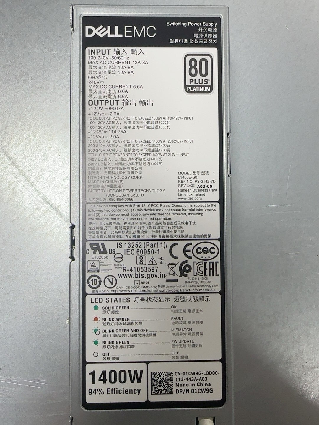 Fuente de alimentación Dell L1400E-S0 1400W PS-2142-7D 1CW9G para R650 R6525 R750 R750X
