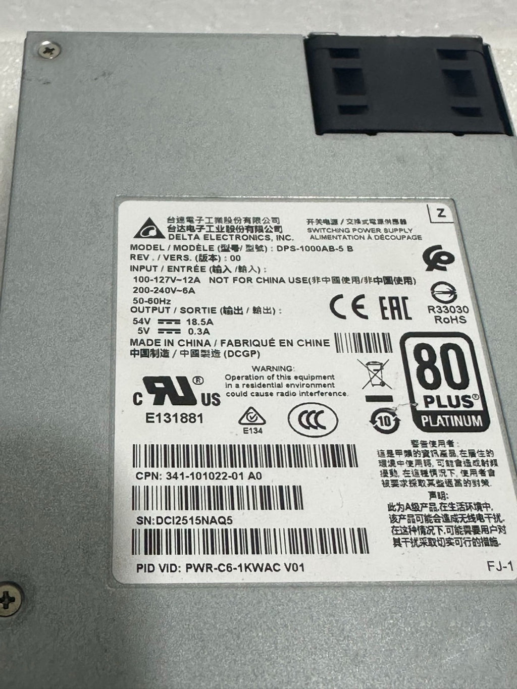 1 Unidad Fuente de alimentación Cisco PWR-C6-1KWAC para Cisco Catalyst C9200-48p Probado