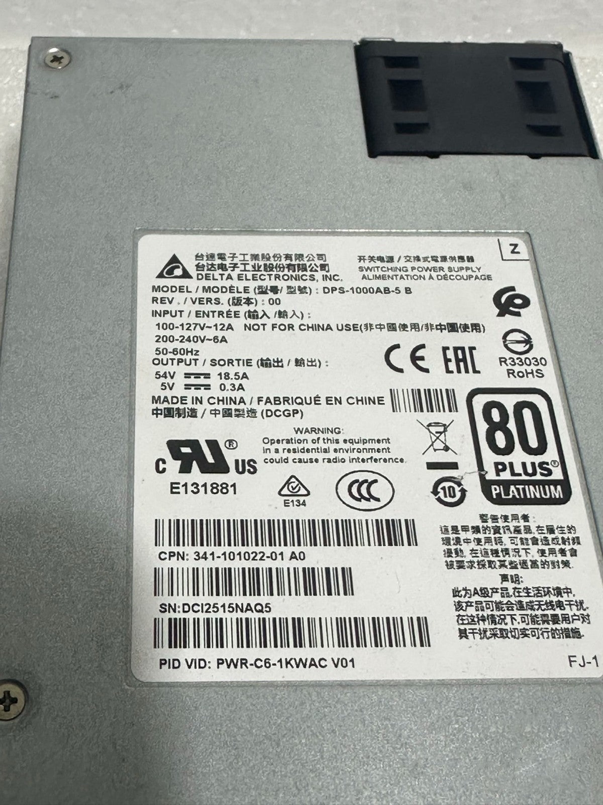 1PC Cisco PWR-C6-1KWAC Power supply For Cisco Catalyst C9200-48p Tested