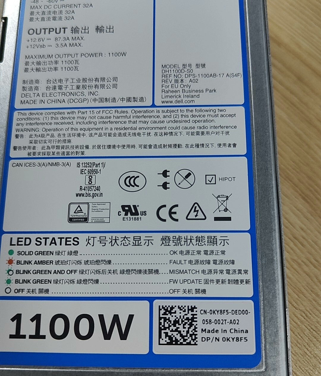 Fuente de alimentación conmutada Dell DH1100D-S0 DPS-1100AB-17 A 1100W 0KY8F5 PARA R7525