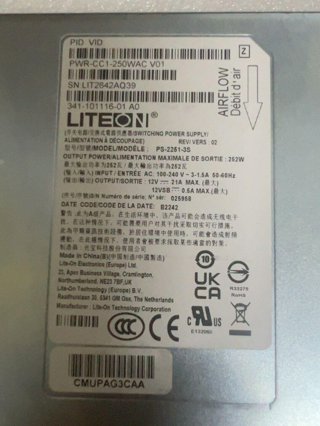 Cisco PWR-CC1-250WAC Fuente de alimentación 341-101116-01 para Catalyst 8300 1RU Probado