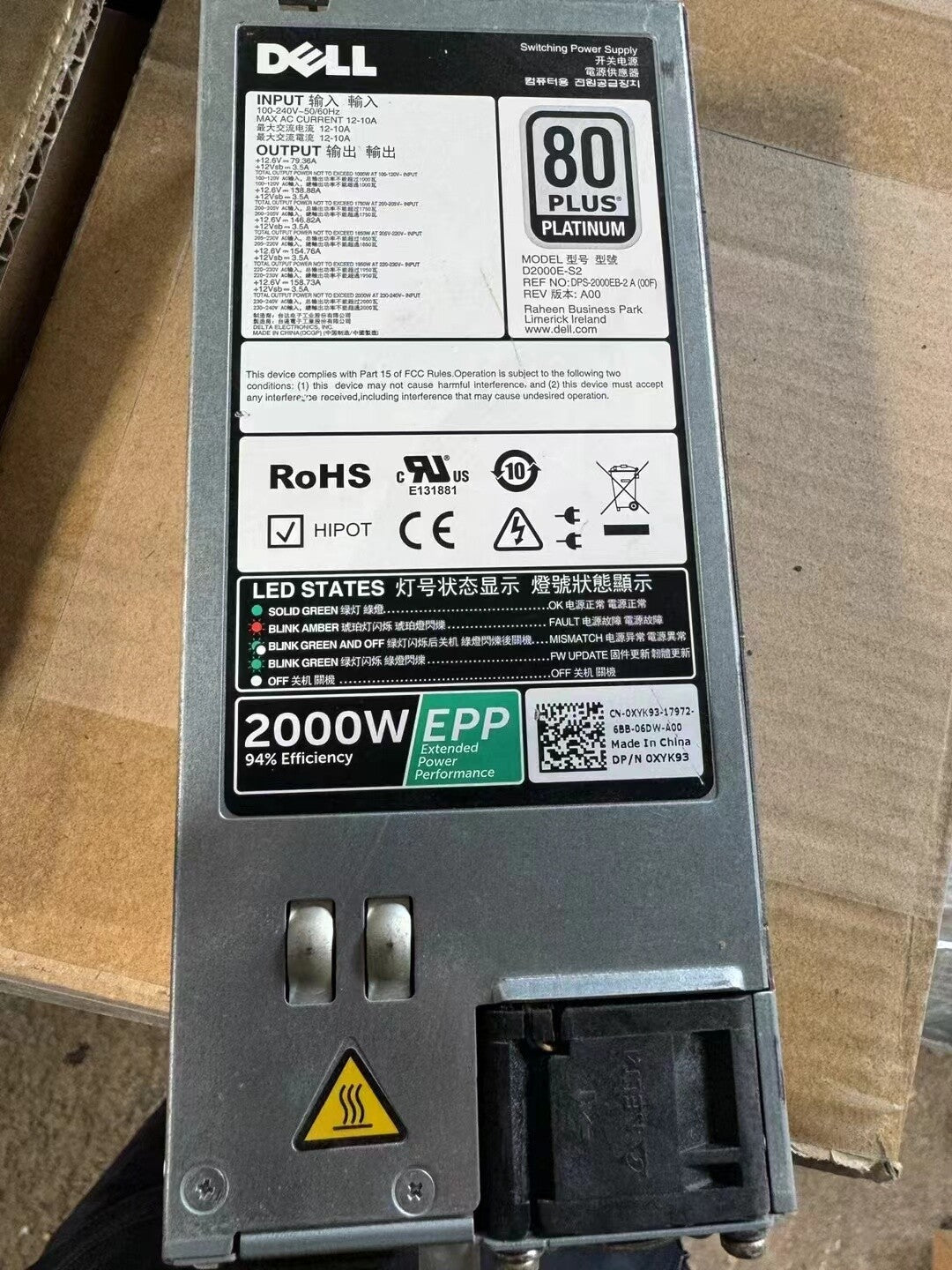 Dell 0XYK93 D2000E-S2 Módulo de fuente de alimentación conmutada Platinum de 2000W probado