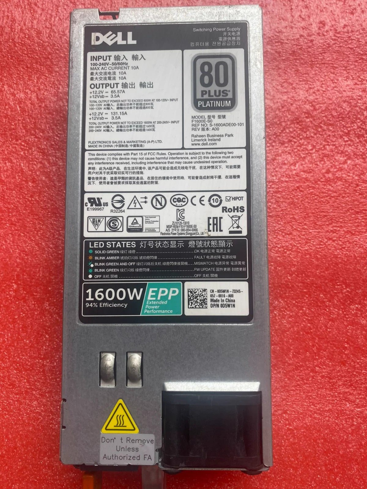 1PC Used Dell F1600E-S0 1600W Switching Power Supply 80 Plus plat Tested
