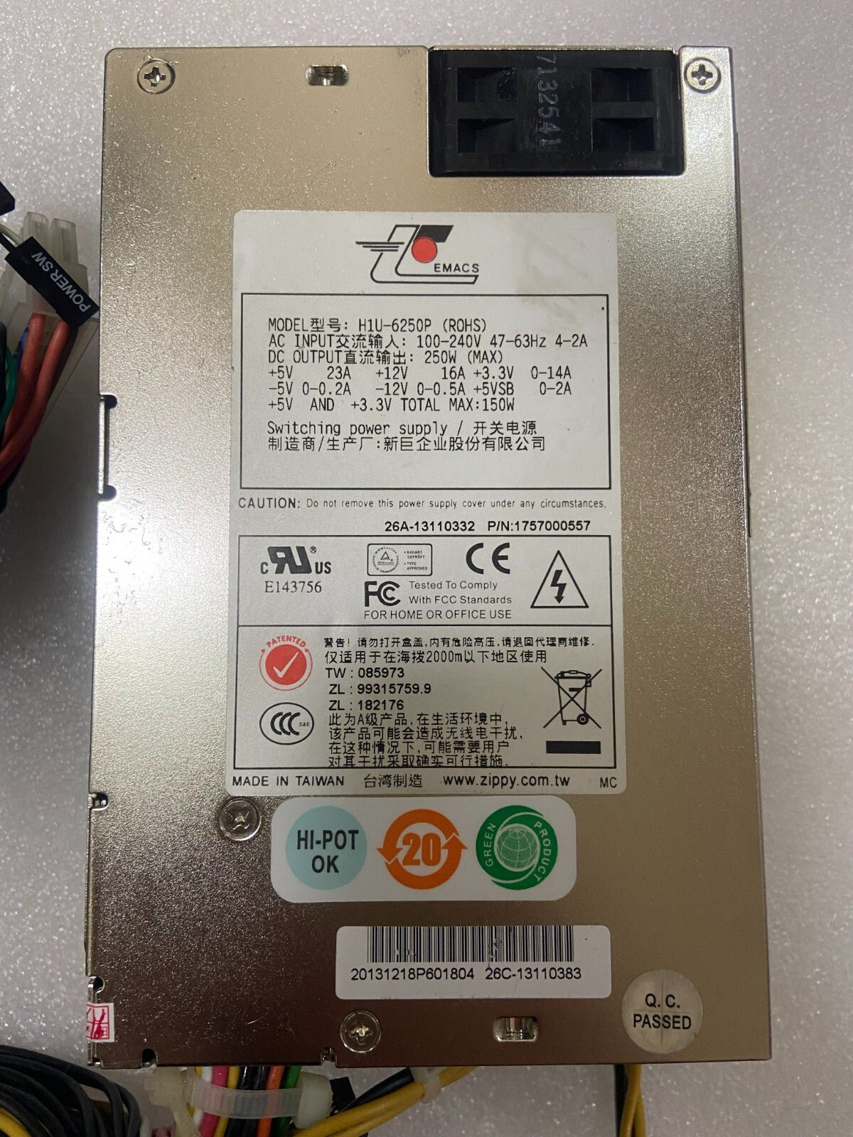 1PC ZIPPY EMACS H1U-6250P ROHS 250W Max Power Supply TESTED & FASTSHIP - Image 2