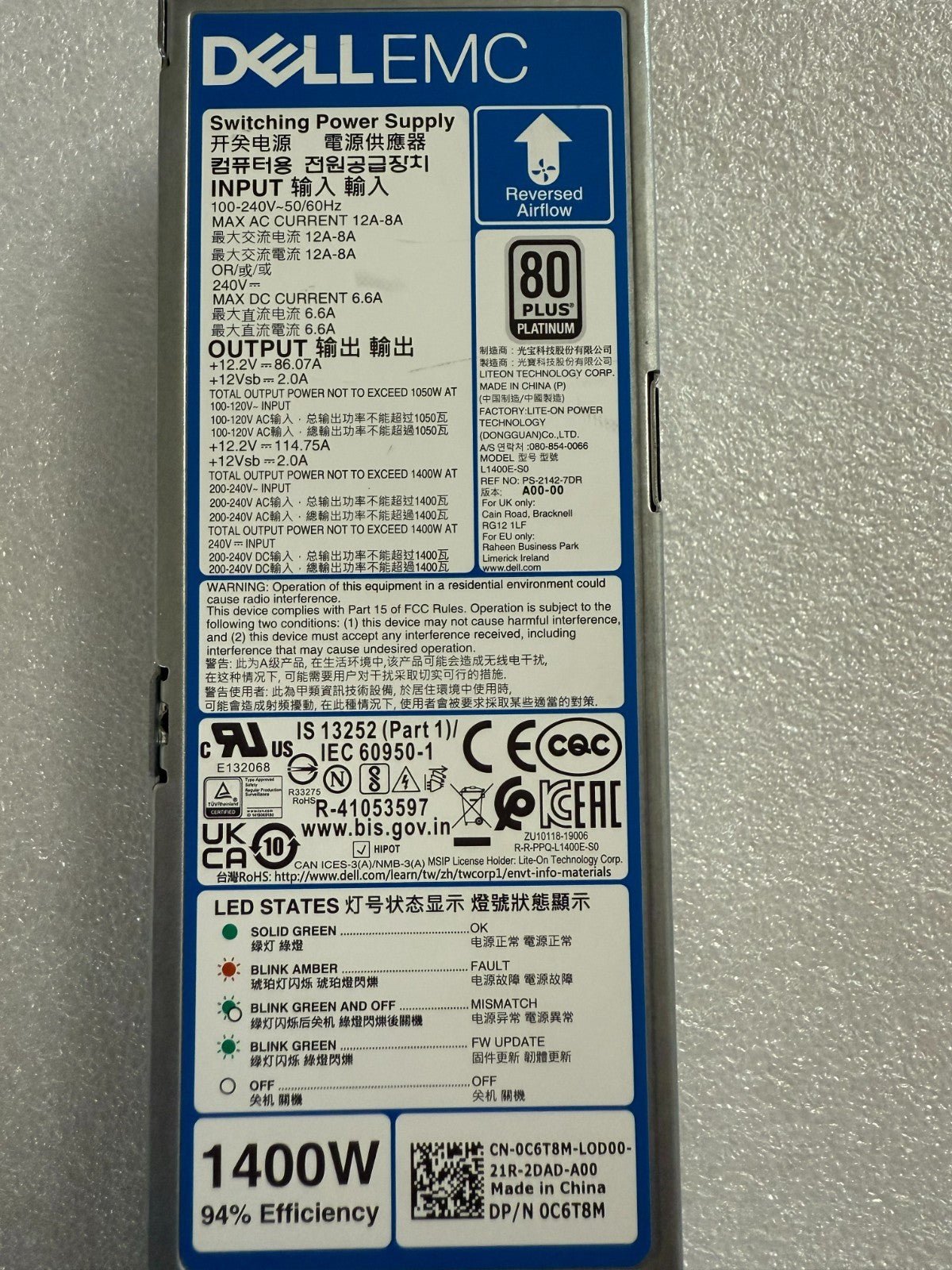 Genuine Dell 080-854-0066 L1400E-S0 PS-2142-7DR Power Supply 1400w max - Image 4