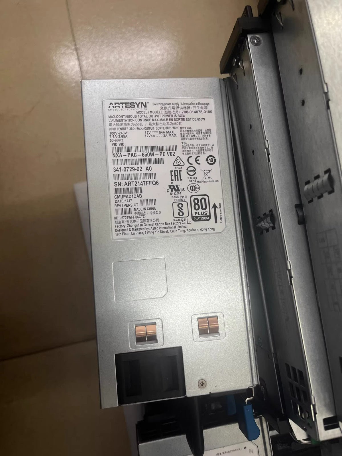 1pc Cisco NXA-PAC-650W-PE 650W AC Port-Side 341-0728-02 Power Supply - Image 3