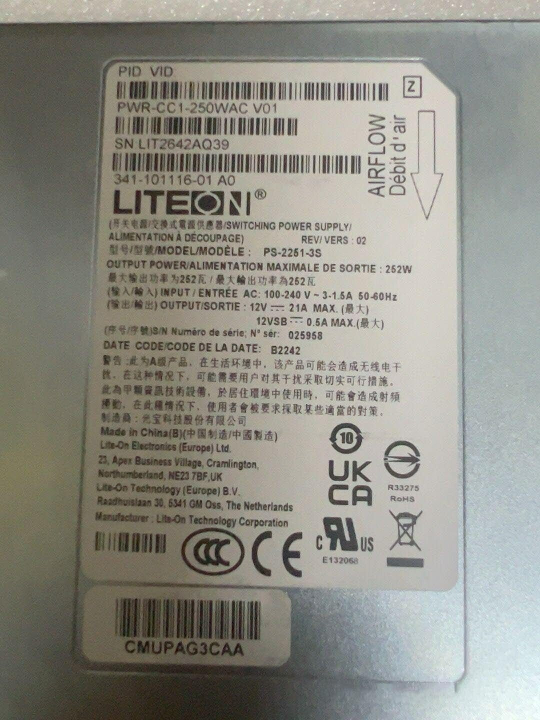 Cisco PWR-CC1-250WAC Power supply 341-101116-01 for Catalyst 8300 1RU Tested - Image 2